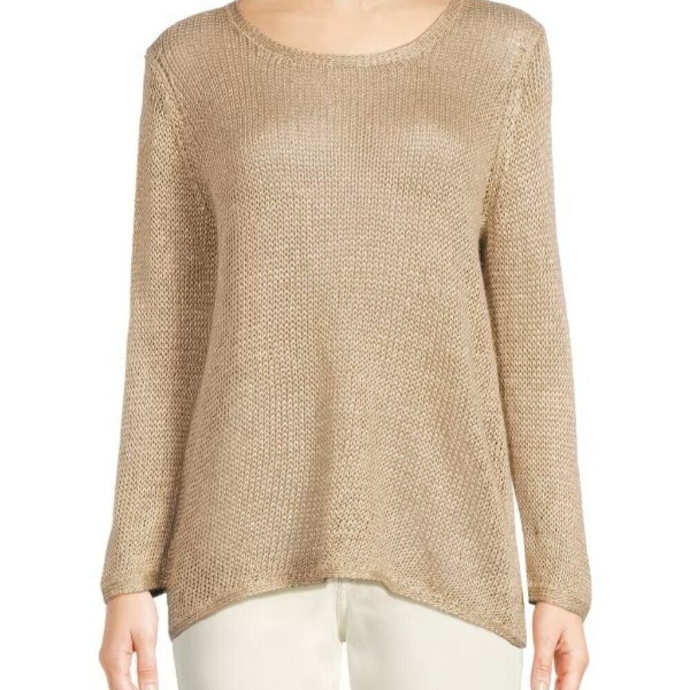 Coastal Summer Beachy Luxury Preppy J.Mclaughlin Linen Sweater Tan Cream Large